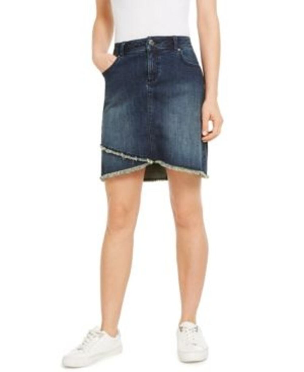 Inc Destructed Fray-Trim Crossover Blue Denim Tulip Hem Denim Skirt Size 18